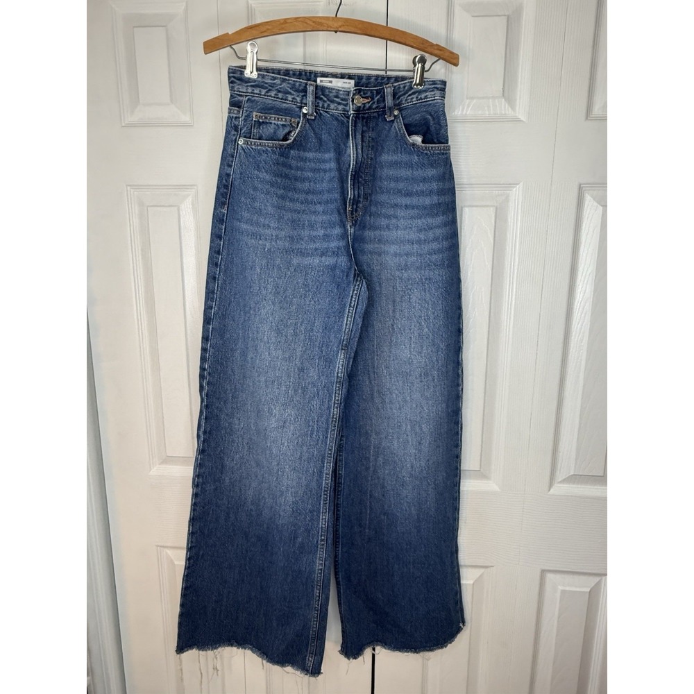 Bershka Women's 4‎ Wide Leg Denim High Rise Raw Hem Jeans
